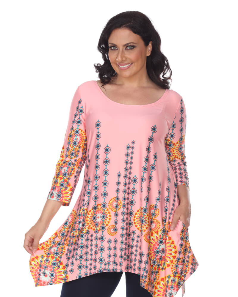 Front of a model wearing a size 4X Rella Tunic Top in Pink by White Mark. | dia_product_style_image_id:257531